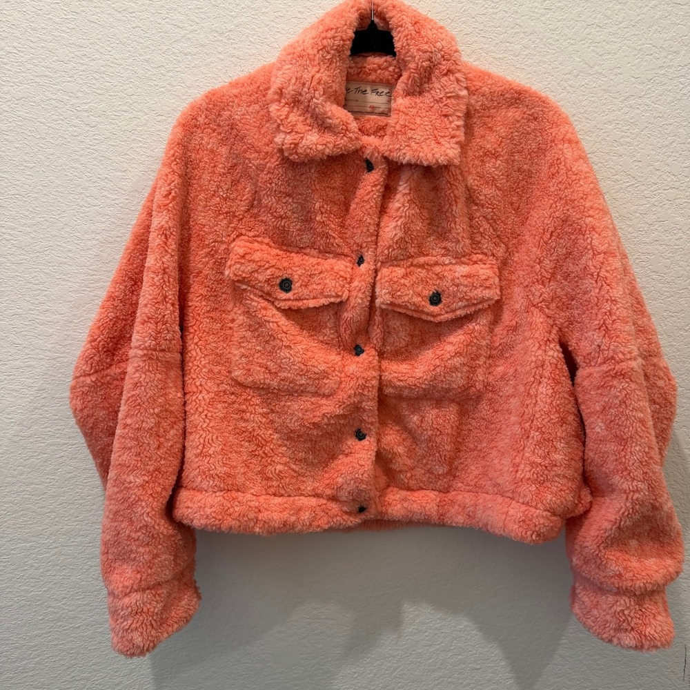 We The Free Free People Coral Pink Teddy Faux Fur Trucker Jacket XS